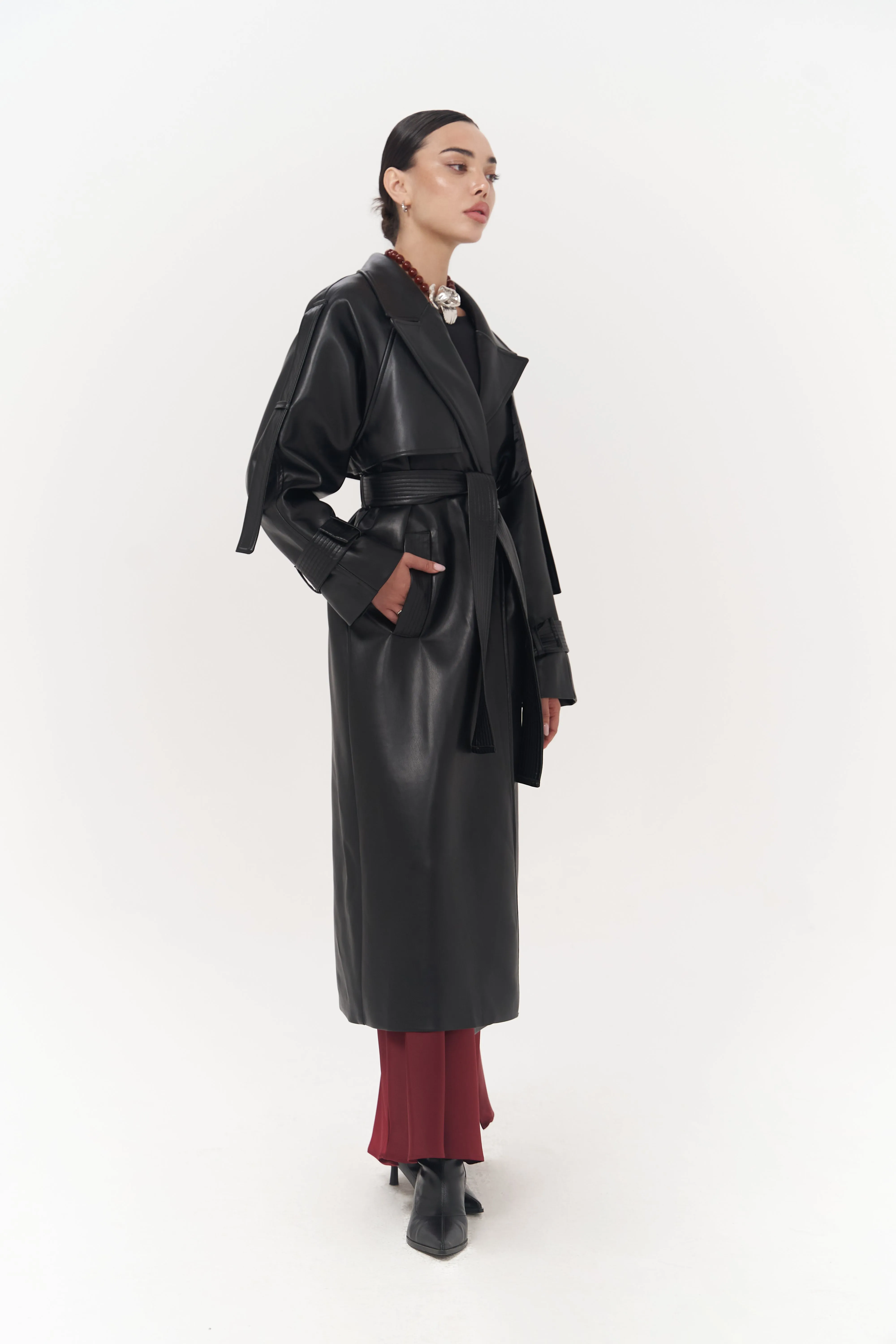 Faux Leather Detailed Herringbone Wool Trench Coat
